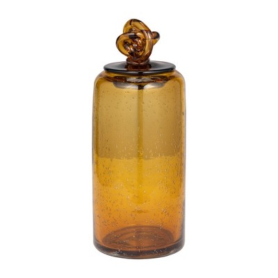 Sagebrook Home Glass Bottle Vase with Lid - Dark Amber Orange Design with Knotted Topper