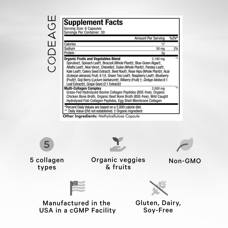Codeage Multi Collagen Peptides Raw Greens, Hydrolyzed Collagen Protein, 21 Organic Fruits, Vegetables - 180ct, 3 of 14