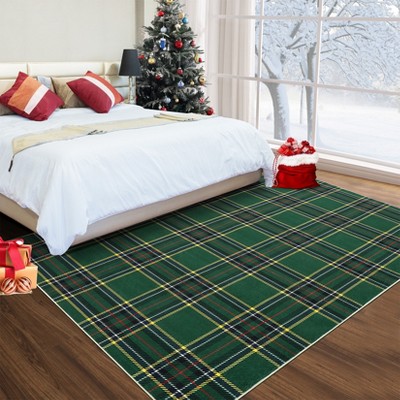 Christmas Area Rug, Plaid Print Washable Soft Carpet with Non Slip Backing, Low Pile Stain Resistant Floor Mat for Living Room, Bedroom