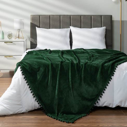 Pavilia Fleece Pom Pom Blanket Throw For Sofa Bed Soft Lightweight Pompom Fringe Blanket For Couch Emerald Green twin 60x80 Target