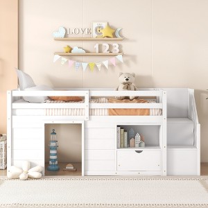 QingMoon Full Size Low loft Bed, Wood Kids Bed Frame with Stairs, Storage Shelf and Safety Guardrail, for Bedroom - 1 of 4