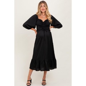 Pinkblush Black Satin Smocked Cinched Bust Maternity Midi Dress - 1 of 3