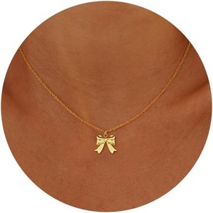 Gold Bow Pendant Necklace for Women, 14K Gold Plated CZ Bead Choker Christmas Gift - 1 of 4