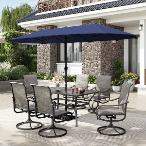 Captiva Designs 8pc Patio Rectangular Steel Dining Table & Sling Swivel Chairs & Market Umbrella - 1 of 4