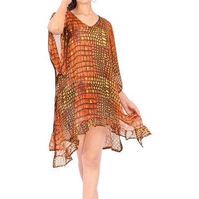 LA LEELA Women's Beach Cover Up Vacation Beachwear Mini Bathing Suit Loose Beach Dress Bikini Tunics Summer Small-Medium Orange, Abstract