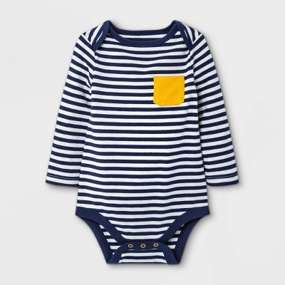 Baby Boys' Striped Long Sleeve Bodysuit with Pocket - Cat & Jack™ Navy Newborn