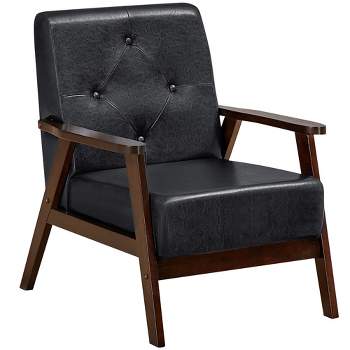 Costway Classic Accent Chair PU Leather Armchair w/Rubber Wood Legs & Button Tufted Back