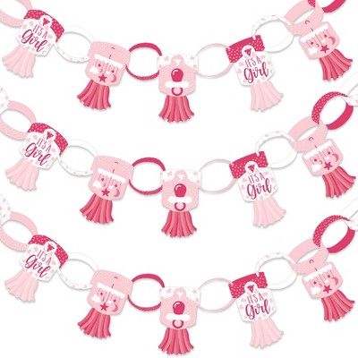 Big Dot of Happiness It's a Girl - 90 Chain Links and 30 Paper Tassels Decoration Kit - Pink Baby Shower Paper Chains Garland - 21 feet