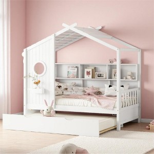 Merax Wooden House Bed with Trundle & Built-In Storage Shelves - 1 of 4