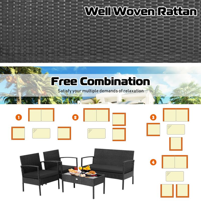 Costway 4 PCS Patio Rattan Furniture Set Cushioned Sofa Armrest Garden Black, 5 of 10