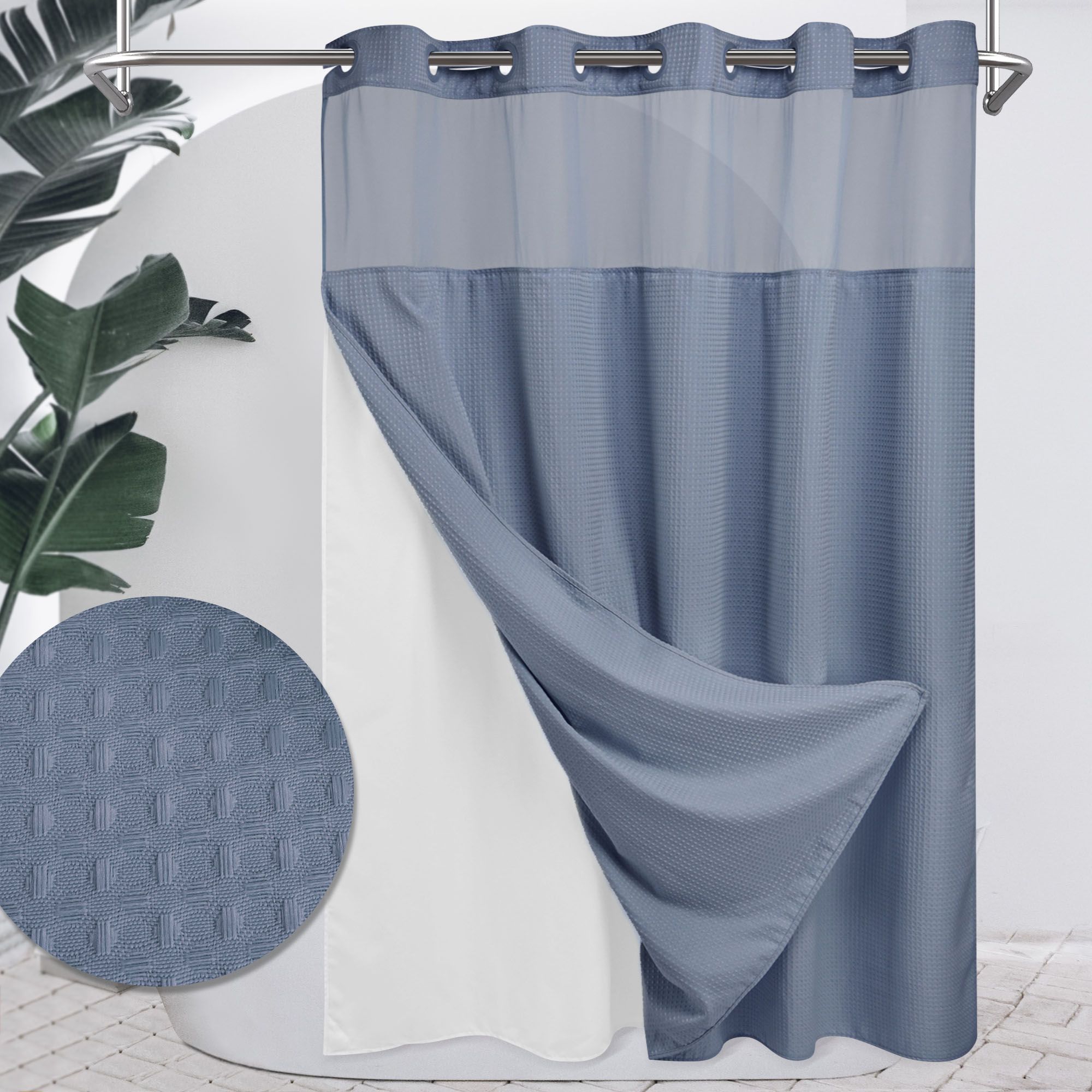 No Hook Shower Curtain with Snap in Liner, Heavyweight Waffle Fabric Bath Curtain, Hotel Grade