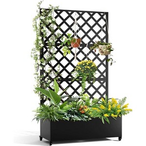 Metal Planter Box with Diamond Lattice Trellis, Raised Garden Bed with Privacy Screen for Climbing Plants, Outdoor Patio Planter on Wheels - 1 of 4