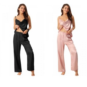 INSPIRE CHIC Women's 4 Pcs Satin Sleepwear Cowl-Neck Cami & Long-Pant Silky Loungewear Set - 1 of 4