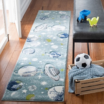 Teal and Ivory Space-Themed Kids Runner Rug