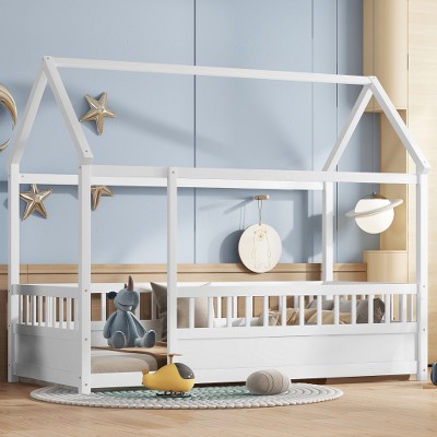 Bellemave Twin Size House Floor Bed with Fence, MDF House Bed Frame with Kid-Friendly Design, Floor Bed for Kids, No Box Spring Needed,White