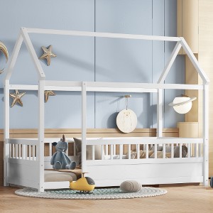 Bellemave Twin Size House Floor Bed with Fence, MDF House Bed Frame with Kid-Friendly Design, Floor Bed for Kids, No Box Spring Needed,White - 1 of 4