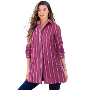 Roaman's Plus Size Kate Tunic Shirt – Long Sleeve Classic Button-Down With Flowy, Longline Fit - 1 of 4