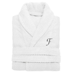 Linum Home Textiles 100% Turkish Cotton Unisex Personalized Herringbone White Bathrobe in Grey Chancery Font - 1 of 2
