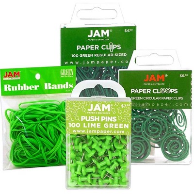 JAM Paper 1 Rubber Bands Push Pins Paper Clips & Round Paper Cloops Green 3224GROASRT