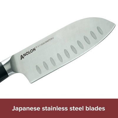 Anolon Cutlery Japanese Carbon Steel 8 Piece Knife Block Set with Built-In Sharpener
