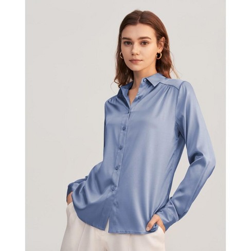 Lilysilk Women's Long Sleeves Collared Medium Size Azure Silk Blouse ...