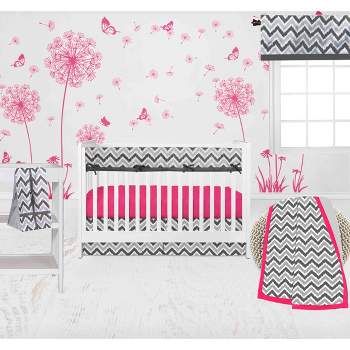 Bacati - Ikat Dots Leopard  Pink Grey Girls 10 pc Crib Set with Long Rail Guard Cover & 4 Muslin Swaddling Blankets