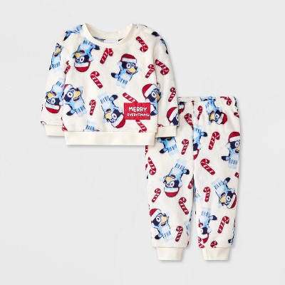 Image of Baby Boys' Bluey Christmas Candy Cane 2pc Cozy Top and Bottom Set - Ivory 6-9M