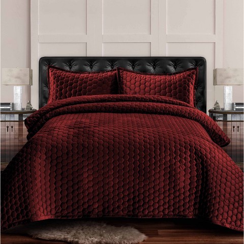 Tribeca Living 3pc Queen Lugano Honeycomb Velvet Oversized Solid Quilt Set Gold, цвет: Бордовый