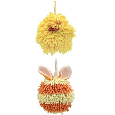 REGALWOVEN 2 Packs Fluffy Chenille Rabbit Shape Cute Soft Absorbent Hanging Ball Hand Towels 7" x 7"