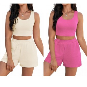 ATHLECHIC Women's Ribbed Knit Crop Tank Tops Short Sets with Pockets Travel Outfits 2 Pcs - 1 of 4
