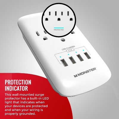 White 3-Outlet Wall Tap Surge Protector with 4 USB Ports