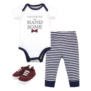 Little Treasure Baby Boy Cotton Bodysuit, Pant and Shoe 3pc Set, Charming Handsome - 1 of 1