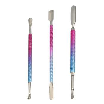 Unique Bargains Stainless Steel Double Head Cuticle Pusher Set Rose Red Blue 3Pcs
