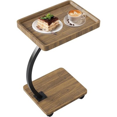TV Dinner Tray Table With Wheels - Adjustable Height C-Shaped Side Table For Bed & Sofa, White
