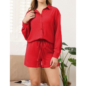 Womens 2 Piece Sets Long Sleeve Lightweight Button Down Shirts with Shorts Lightweight Crinkled Cooling Fabric Sets - 1 of 4