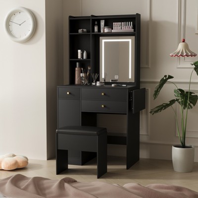 ELECWISH Small Vanity Table with Mirror, Chair and Storage Stool