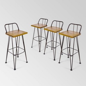 Denali 4pk Acacia Wood Industrial Barstools Teak - Christopher Knight Home: Weather-Resistant, Iron Frame, 30" Height - 1 of 4