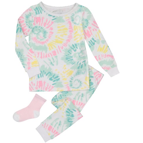 Sleep On It Infant/Toddler Girls Tie-Dye Pastels Snug Fit 2-Piece Pajama  Sleep Set With Matching Socks - White, 18M