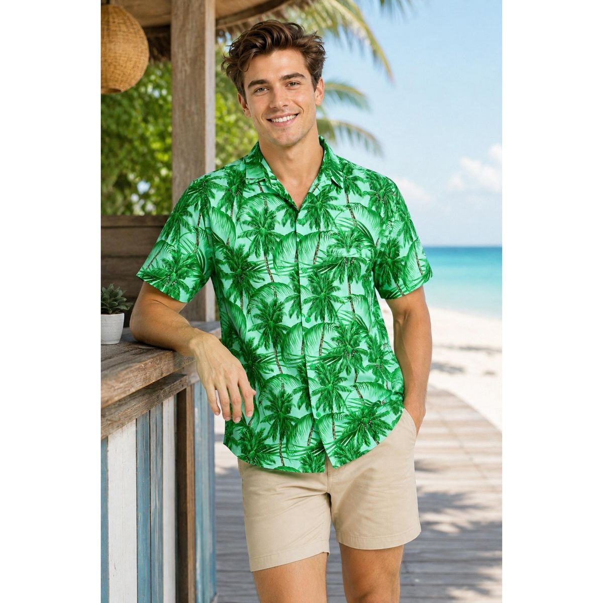 LA LEELA Men's Hawaiian Shirts Short Sleeve Button Down Shirt Men's Party Shirts Casual Vacation Summer Tropical Shirts for Men Funny S Green, Tree - thumbnail 3