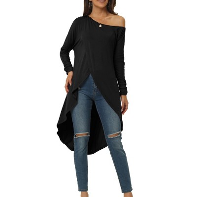 T-shirt Long Sleeve Lace Trim O-Neck A-Line Tunic Tops High-Low Hem  Asymmetrical Hem Lines Shirts Loose Casual Women's Tops 