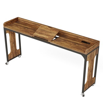 Vynxaria Height Adjustable Overbed Table (35.4”-43.3”), 70.86”x15.74” Spacious Top, 5-Level Tilt Board, Built-in Charging Station