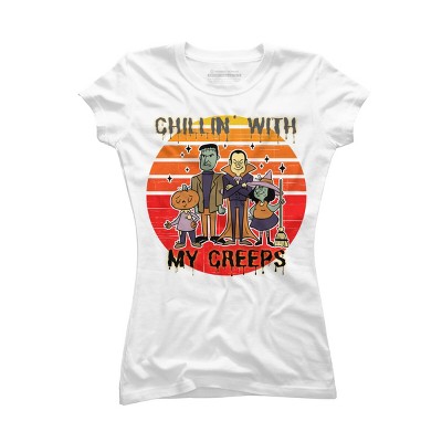 Junior's Design By Humans Chillin with my creeps 80's style halloween characters By MerchHQ T-Shirt