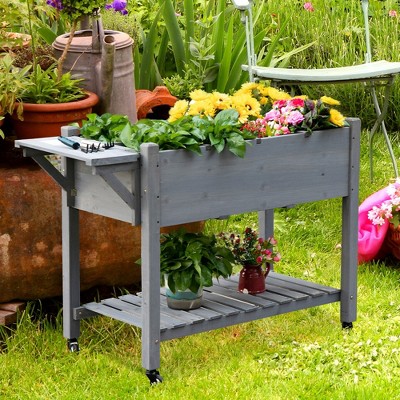 Gray Wooden Raised Garden Bed with Storage Shelf and Wheels
