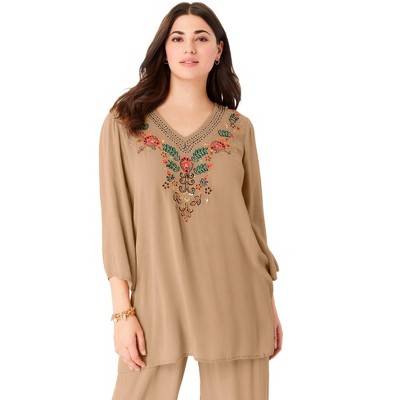 Roaman's Women's Plus Size Embellished Crinkle Tunic