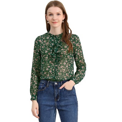 Allegra K Women's Floral Long Sleeve Retro Ruffled Button Down Top