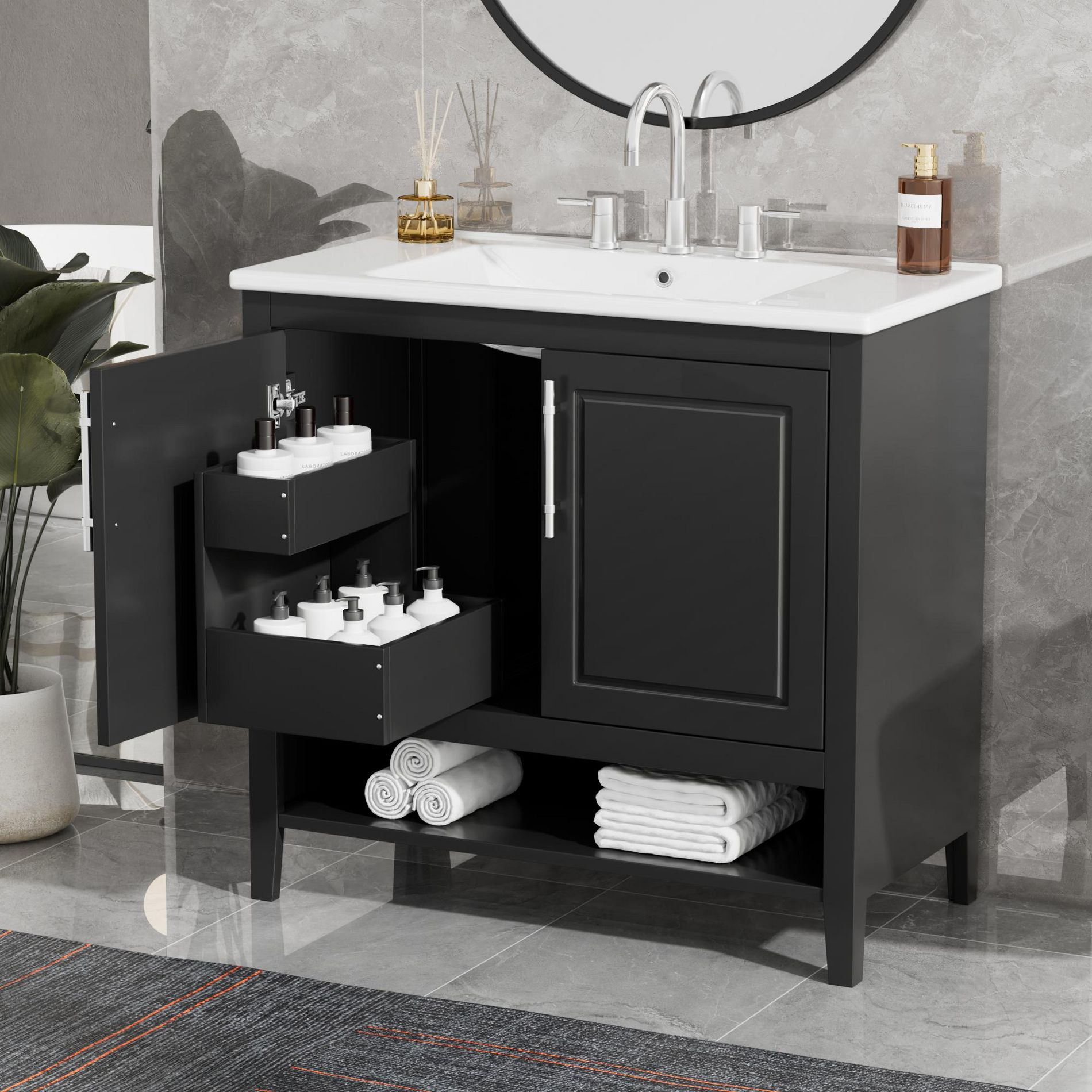 36"W Bathroom Vanity with Sink, Multi-Functional Bathroom Cabinet with Storage Rack, Open Storage Shelf and Drawer with Slides, Black-ModernLuxe