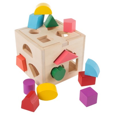 Wooden Shape Sorter- Classic Toddler Cube Puzzle Toy with Shape Cutouts and 12 Colorful Geometric Blocks-Learning Activity for Toddlers by Toy Time