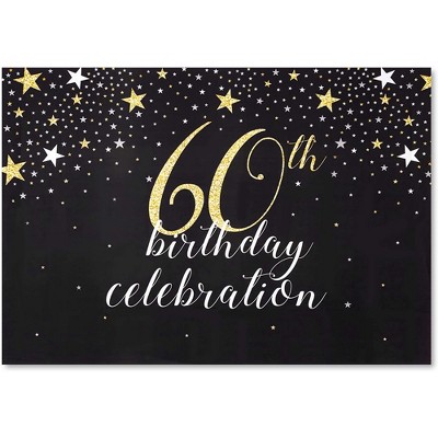 Sparkle and Bash 60th Birthday Celebration Photo Booth Backdrop, Photography Background in Black and Glitter Gold Stars for Birthday Party