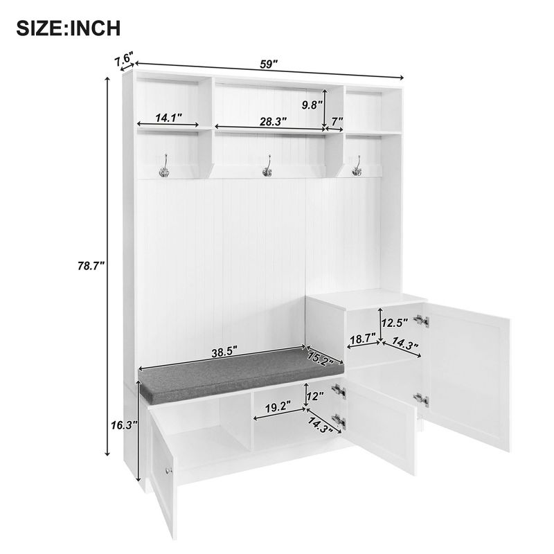 78.7'' Elegant Design Hall Tree with Storage Cabinet, 3 Shelves, Widen Bench and 3 Coat Hooks - ModernLuxe, 3 of 13