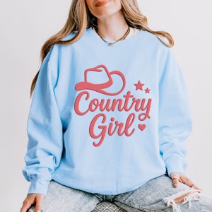 Country Girl Hat Puff Print  - Womens Lightweight Garment Dyed Sweatshirt - 1 of 3